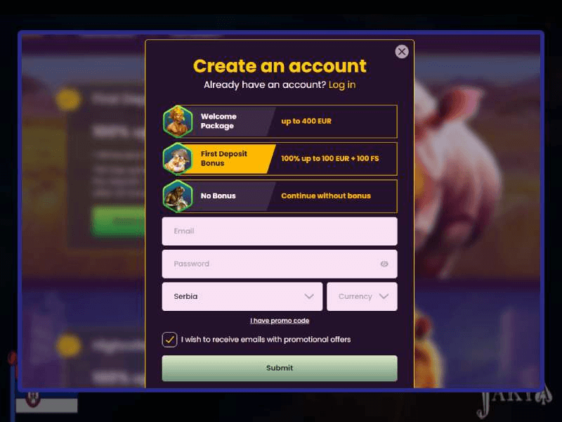 Registration at Bizzo casino